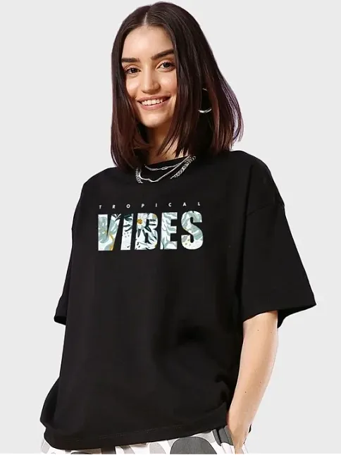 Kadın Baskılı Oversize T-shirt - Siyah