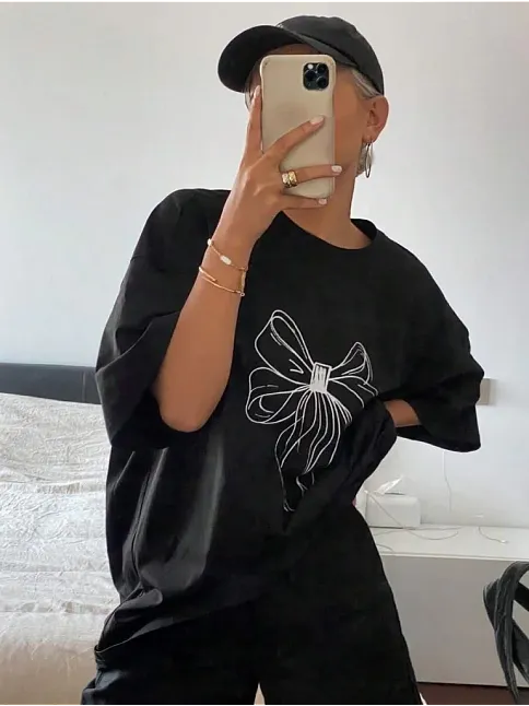 Kadın Baskılı Oversize T-shirt - Siyah