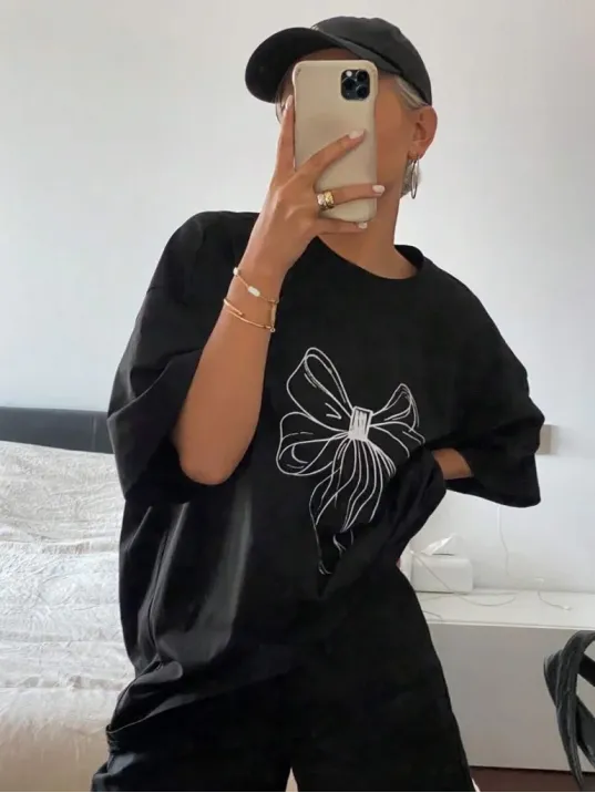 Kadın Baskılı Oversize T-shirt - Siyah