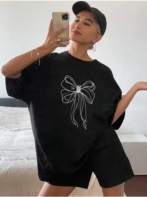 Kadın Baskılı Oversize T-shirt - Siyah