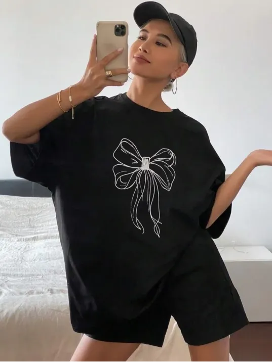 Kadın Baskılı Oversize T-shirt - Siyah