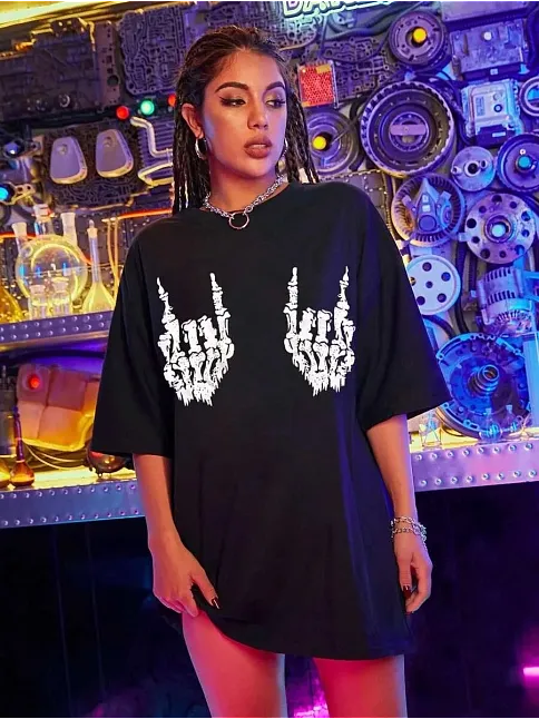 Kadın Baskılı Oversize T-shirt - Siyah