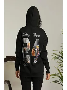 Kadın Baskılı Oversize Üç İplik Kapüşonlu Sweatshirt - Siyah