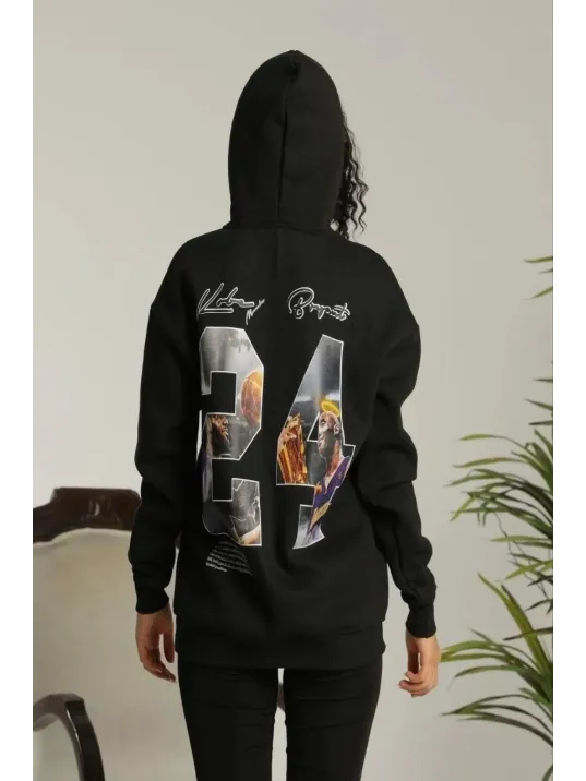 Kadın Baskılı Oversize Üç İplik Kapüşonlu Sweatshirt - Siyah Kadın Baskılı Oversize Üç İplik Kapüşonlu Sweatshirt - Siyah