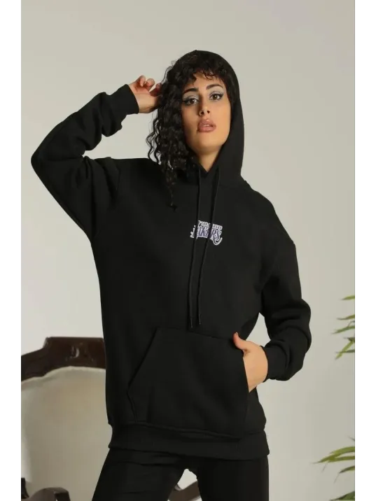 Kadın Baskılı Oversize Üç İplik Kapüşonlu Sweatshirt - Siyah Kadın Baskılı Oversize Üç İplik Kapüşonlu Sweatshirt - Siyah