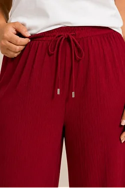 Kadın Battal Beden Bürümcük Kumaş Beli Lastikli Bağcıklı Bol Paça Palazzo Pantolon - Bordo