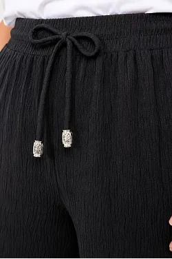 Kadın Battal Beden Bürümcük Kumaş Beli Lastikli Bağcıklı Bol Paça Palazzo Pantolon - Siyah