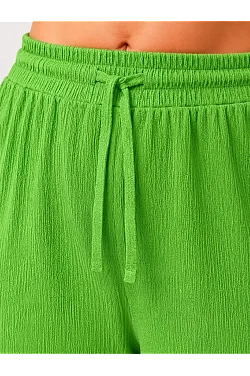 Kadın Battal Beden Bürümcük Kumaş Beli Lastikli Bağcıklı Bol Paça Palazzo Pantolon - Yeşil