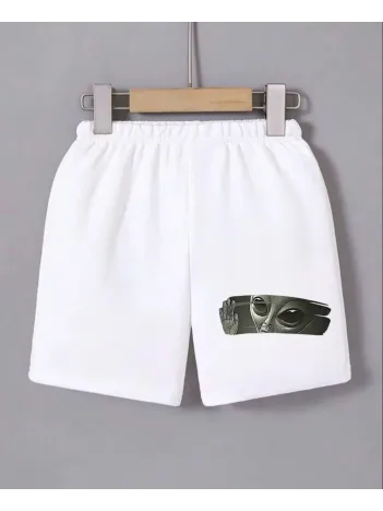 Kadın Beli Lastikli Baskılı Mini Şort - Beyaz Kadın Beli Lastikli Baskılı Mini Şort - Beyaz