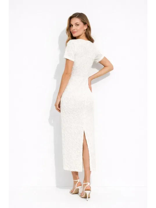 Kadın Beyaz Kısa Kollu Arkası Yırtmaçlı Uzun Elbise + İç Göstermeyen Askılı Mini Elbiseli - Beyaz