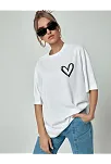 Kadın Bisiklet Yaka Baskılı Oversize T-shirt - Beyaz