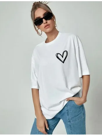 Kadın Bisiklet Yaka Baskılı Oversize T-Shirt - Beyaz