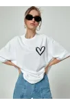 Kadın Bisiklet Yaka Baskılı Oversize T-shirt - Beyaz