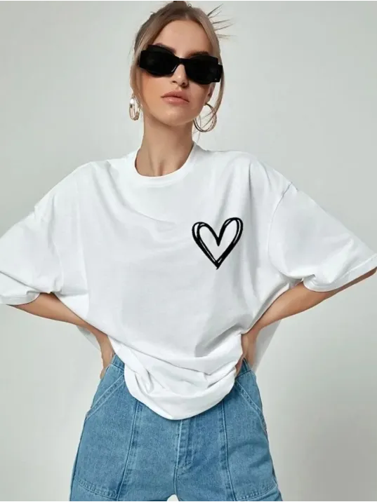 Kadın Bisiklet Yaka Baskılı Oversize T-Shirt - Beyaz Kadın Bisiklet Yaka Baskılı Oversize T-Shirt - Beyaz