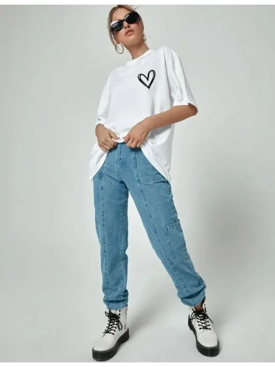 Kadın Bisiklet Yaka Baskılı Oversize T-Shirt - Beyaz