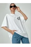 Kadın Bisiklet Yaka Baskılı Oversize T-shirt - Beyaz