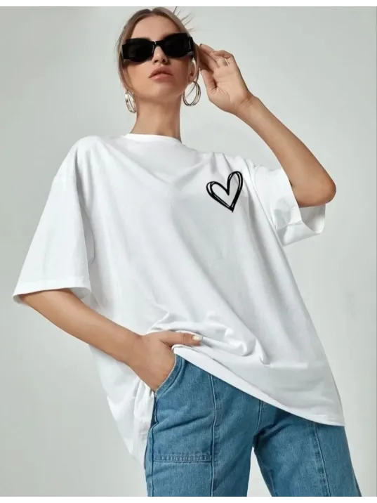Kadın Bisiklet Yaka Baskılı Oversize T-Shirt - Beyaz