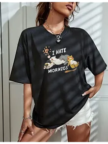 Kadın Bisiklet Yaka Baskılı Oversize T-shirt - Siyah