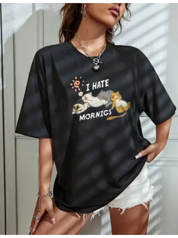 Kadın Bisiklet Yaka Baskılı Oversize T-Shirt - Siyah Kadın Bisiklet Yaka Baskılı Oversize T-Shirt - Siyah