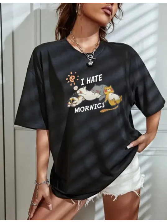 Kadın Bisiklet Yaka Baskılı Oversize T-Shirt - Siyah Kadın Bisiklet Yaka Baskılı Oversize T-Shirt - Siyah