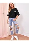 Kadın Bisiklet Yaka Baskılı Oversize T-shirt - Siyah