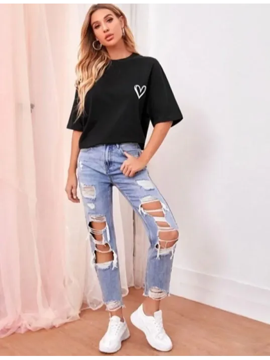 Kadın Bisiklet Yaka Baskılı Oversize T-Shirt - Siyah