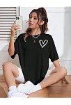 Kadın Bisiklet Yaka Baskılı Oversize T-shirt - Siyah