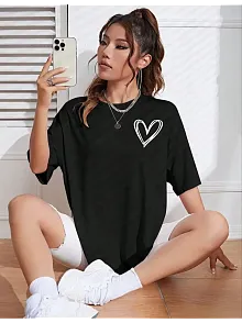 Kadın Bisiklet Yaka Baskılı Oversize T-shirt - Siyah