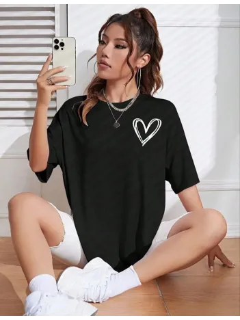 Kadın Bisiklet Yaka Baskılı Oversize T-Shirt - Siyah Kadın Bisiklet Yaka Baskılı Oversize T-Shirt - Siyah
