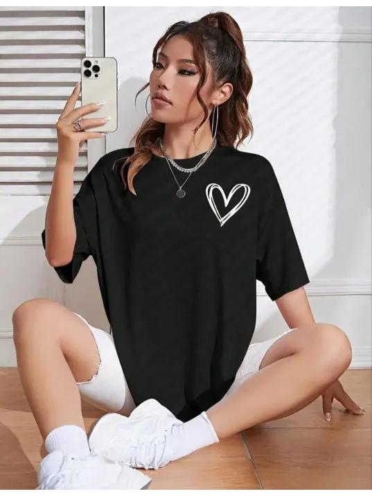 Kadın Bisiklet Yaka Baskılı Oversize T-Shirt - Siyah Kadın Bisiklet Yaka Baskılı Oversize T-Shirt - Siyah