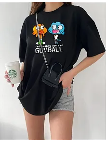 Kadın Bisiklet Yaka Baskılı Oversize T-shirt - Siyah