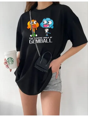 Kadın Bisiklet Yaka Baskılı Oversize T-Shirt - Siyah Kadın Bisiklet Yaka Baskılı Oversize T-Shirt - Siyah