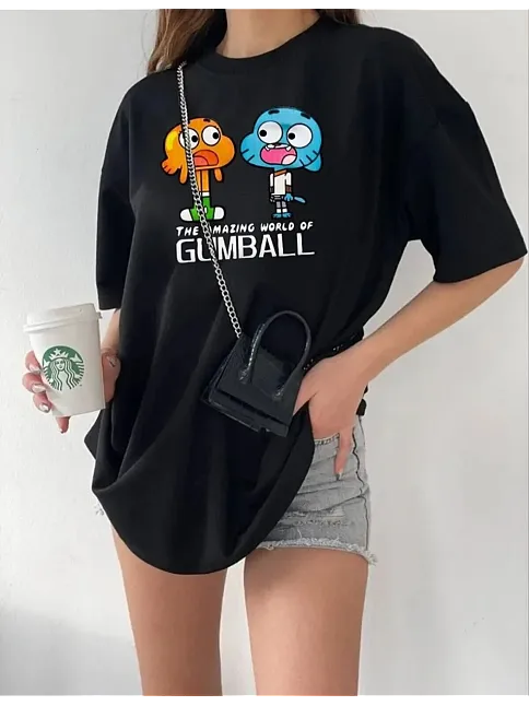 Kadın Bisiklet Yaka Baskılı Oversize T-shirt - Siyah