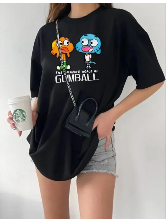 Kadın Bisiklet Yaka Baskılı Oversize T-Shirt - Siyah Kadın Bisiklet Yaka Baskılı Oversize T-Shirt - Siyah