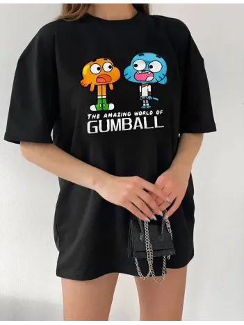 Kadın Bisiklet Yaka Baskılı Oversize T-Shirt - Siyah