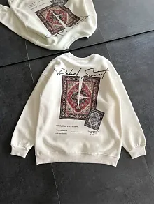 Kadın Bisiklet Yaka Baskılı Sweatshirt - Beyaz