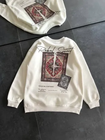 Kadın Bisiklet Yaka Baskılı SweatShirt - Beyaz Kadın Bisiklet Yaka Baskılı SweatShirt - Beyaz