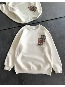 Kadın Bisiklet Yaka Baskılı Sweatshirt - Beyaz