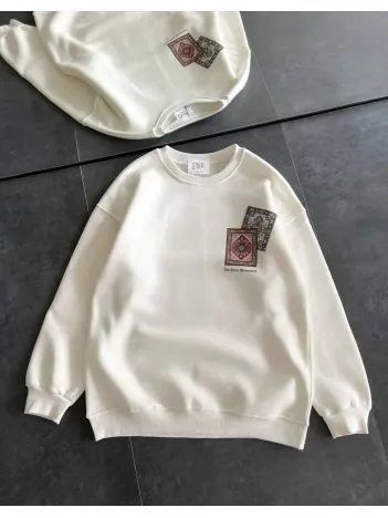 Kadın Bisiklet Yaka Baskılı SweatShirt - Beyaz Kadın Bisiklet Yaka Baskılı SweatShirt - Beyaz