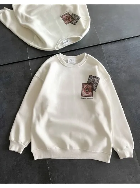 Kadın Bisiklet Yaka Baskılı Sweatshirt - Beyaz