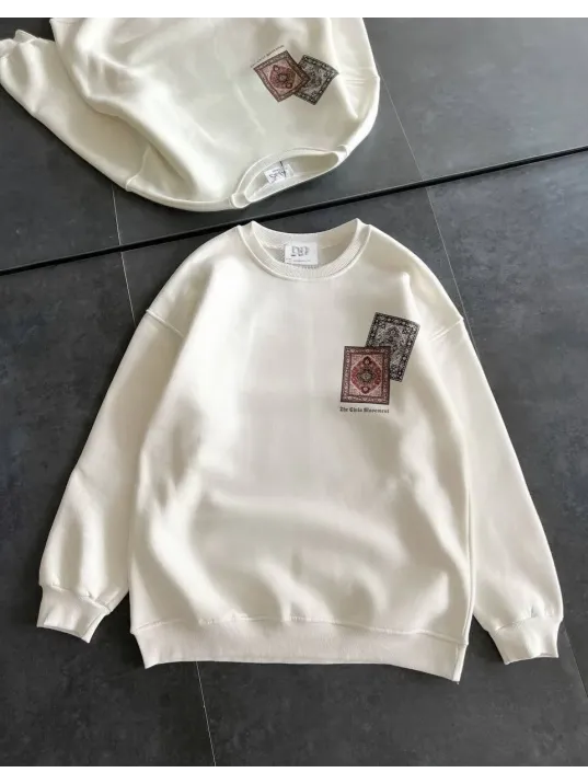 Kadın Bisiklet Yaka Baskılı SweatShirt - Beyaz Kadın Bisiklet Yaka Baskılı SweatShirt - Beyaz