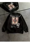 Kadın Bisiklet Yaka Baskılı Sweatshirt - Siyah