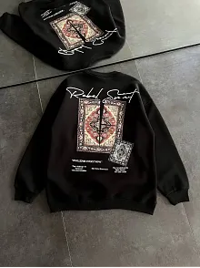 Kadın Bisiklet Yaka Baskılı Sweatshirt - Siyah