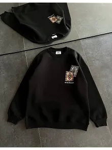 Kadın Bisiklet Yaka Baskılı Sweatshirt - Siyah