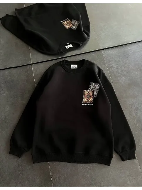 Kadın Bisiklet Yaka Baskılı Sweatshirt - Siyah