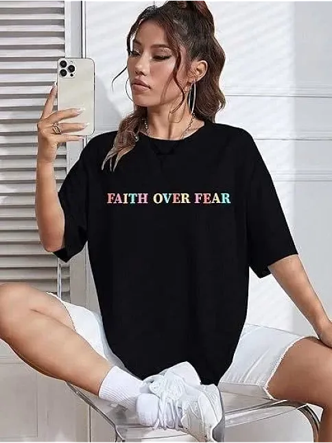 Kadın Bisiklet Yaka Baskılı T-shirt - Siyah