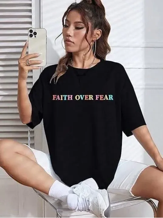 Kadın Bisiklet Yaka Baskılı T-shirt - Siyah