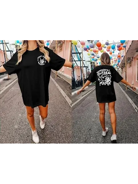 Kadın Bisiklet Yaka Baskılı T-shirt - Siyah