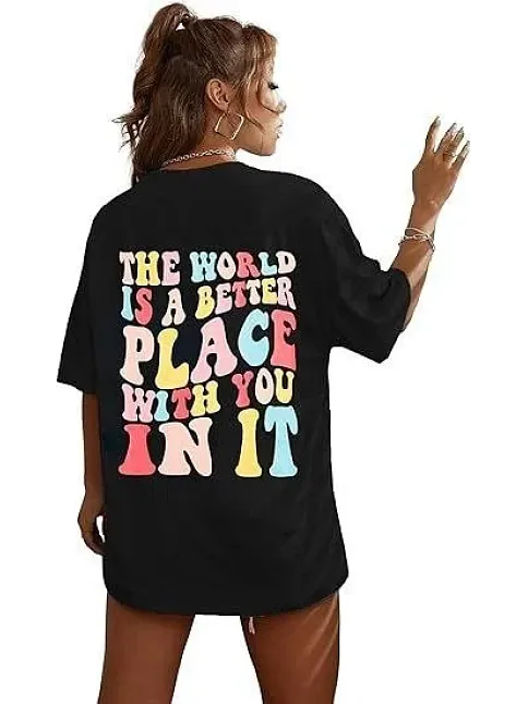 Kadın Bisiklet Yaka Baskılı T-shirt - Siyah