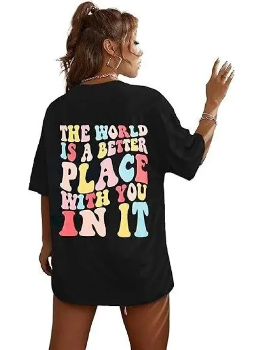 Kadın Bisiklet Yaka Baskılı T-shirt - Siyah